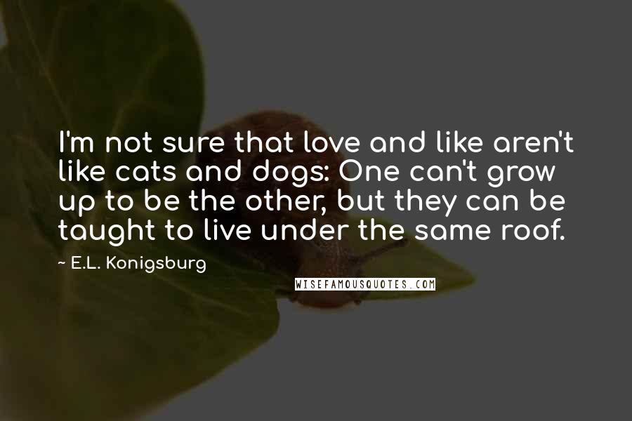 E.L. Konigsburg Quotes: I'm not sure that love and like aren't like cats and dogs: One can't grow up to be the other, but they can be taught to live under the same roof.