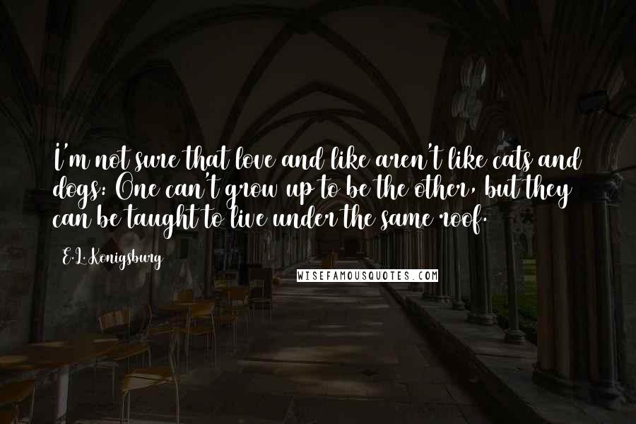 E.L. Konigsburg Quotes: I'm not sure that love and like aren't like cats and dogs: One can't grow up to be the other, but they can be taught to live under the same roof.