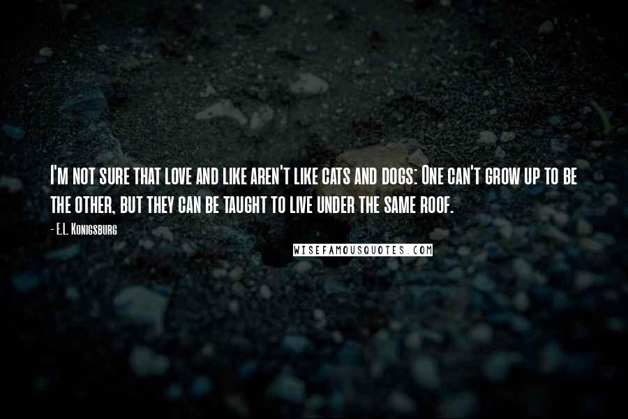 E.L. Konigsburg Quotes: I'm not sure that love and like aren't like cats and dogs: One can't grow up to be the other, but they can be taught to live under the same roof.