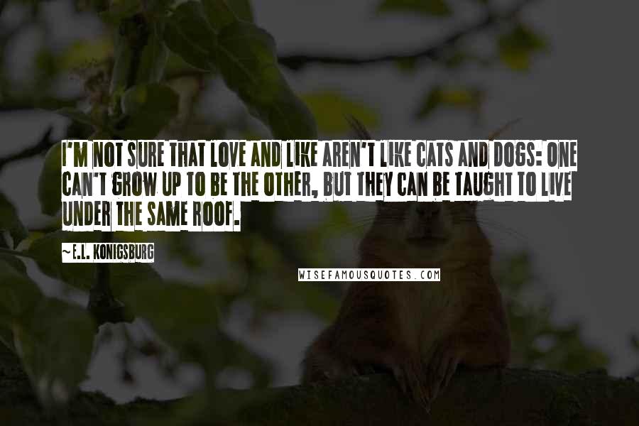 E.L. Konigsburg Quotes: I'm not sure that love and like aren't like cats and dogs: One can't grow up to be the other, but they can be taught to live under the same roof.