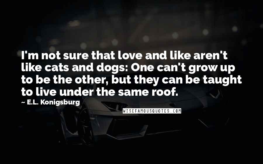 E.L. Konigsburg Quotes: I'm not sure that love and like aren't like cats and dogs: One can't grow up to be the other, but they can be taught to live under the same roof.