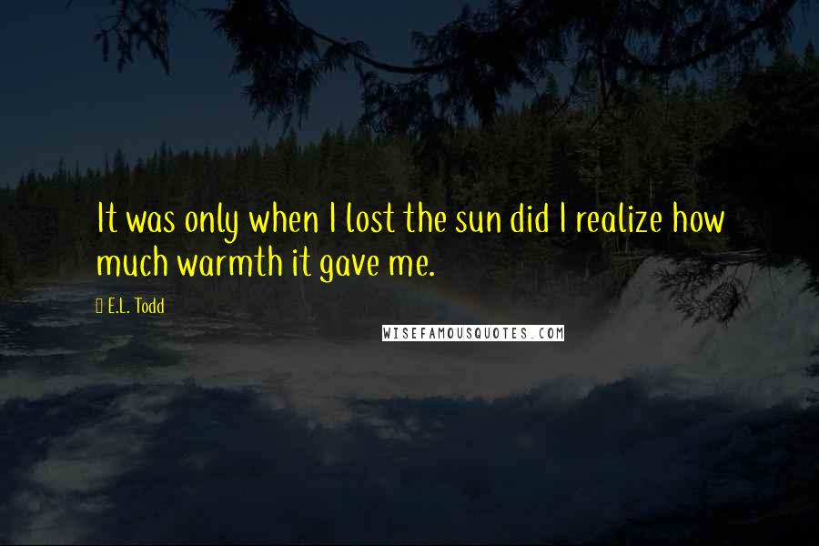 E.L. Todd Quotes: It was only when I lost the sun did I realize how much warmth it gave me.