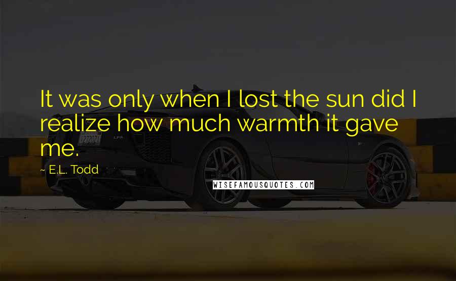 E.L. Todd Quotes: It was only when I lost the sun did I realize how much warmth it gave me.