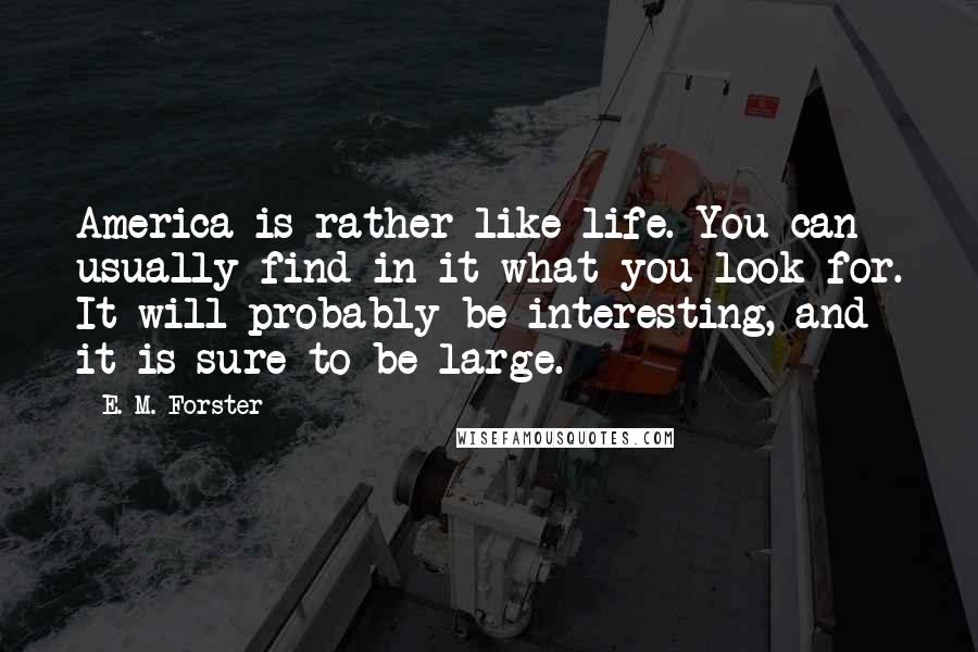 E. M. Forster Quotes: America is rather like life. You can usually find in it what you look for. It will probably be interesting, and it is sure to be large.