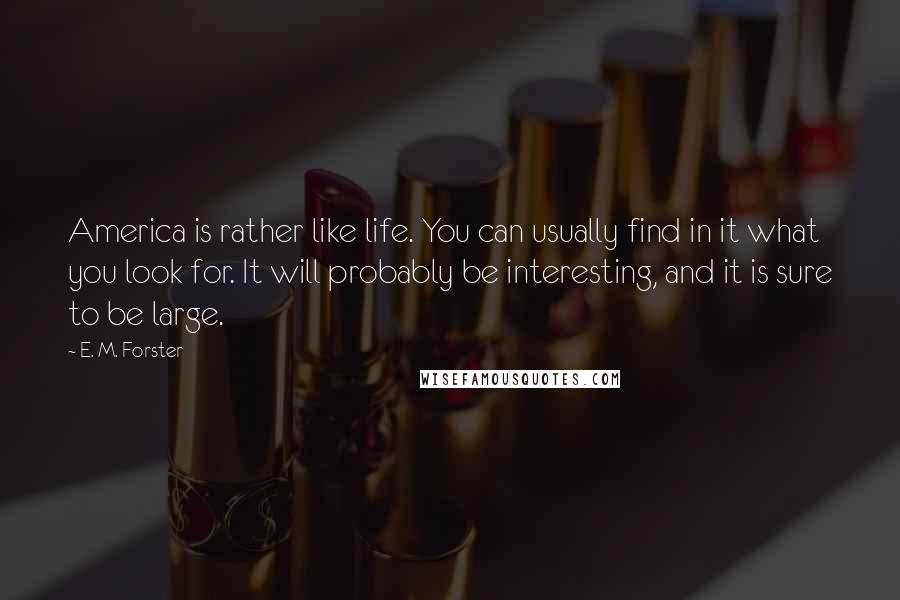 E. M. Forster Quotes: America is rather like life. You can usually find in it what you look for. It will probably be interesting, and it is sure to be large.