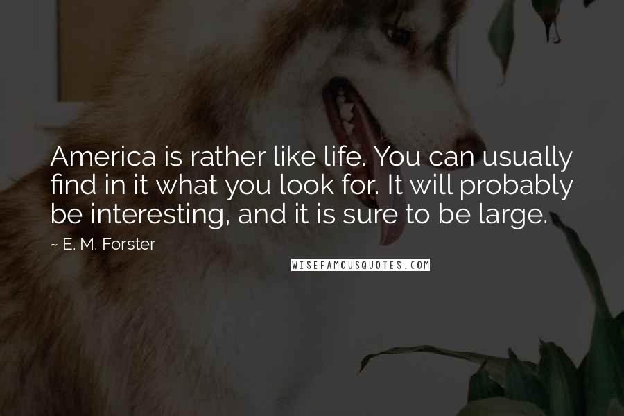 E. M. Forster Quotes: America is rather like life. You can usually find in it what you look for. It will probably be interesting, and it is sure to be large.