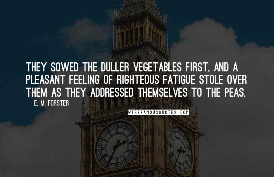 E. M. Forster Quotes: They sowed the duller vegetables first, and a pleasant feeling of righteous fatigue stole over them as they addressed themselves to the peas.