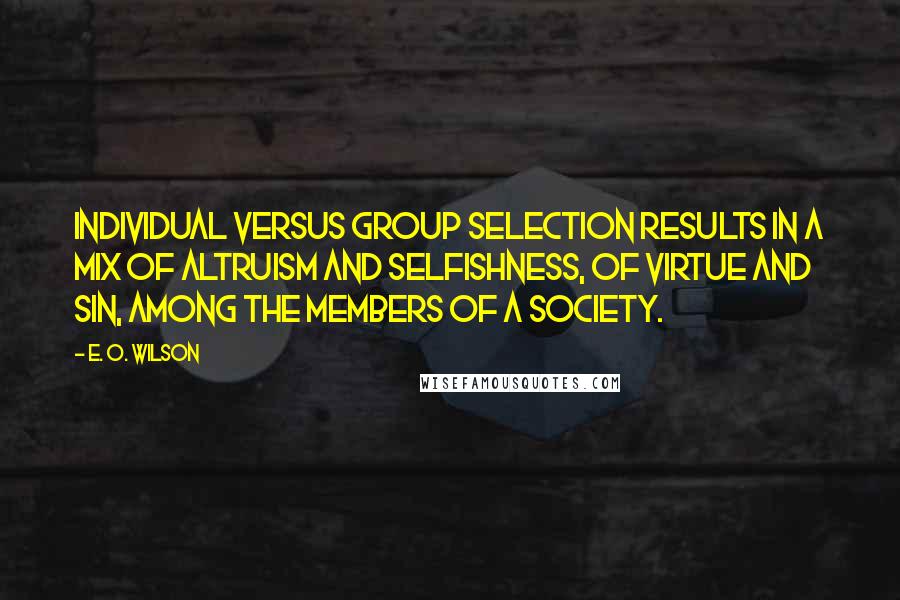 E. O. Wilson Quotes: Individual versus group selection results in a mix of altruism and selfishness, of virtue and sin, among the members of a society.