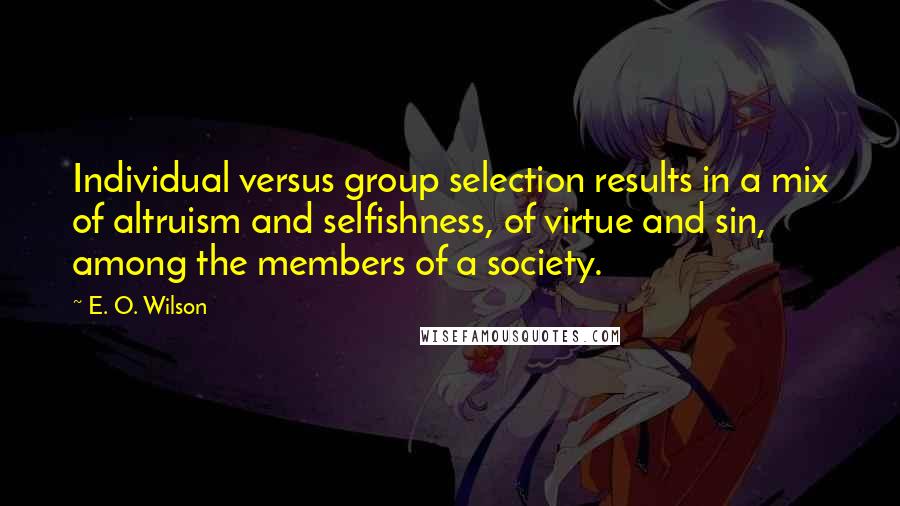 E. O. Wilson Quotes: Individual versus group selection results in a mix of altruism and selfishness, of virtue and sin, among the members of a society.