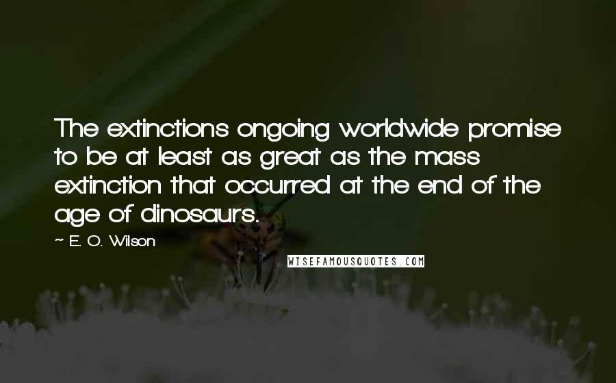 E. O. Wilson Quotes: The extinctions ongoing worldwide promise to be at least as great as the mass extinction that occurred at the end of the age of dinosaurs.