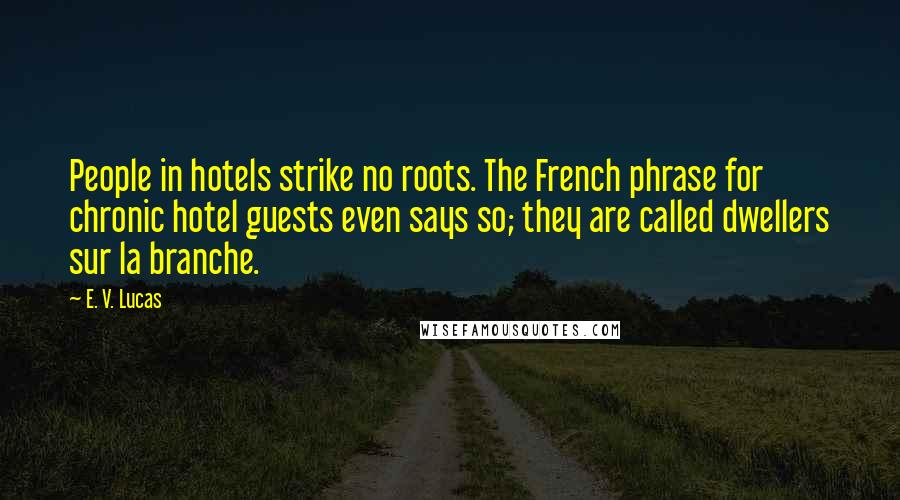 E. V. Lucas Quotes: People in hotels strike no roots. The French phrase for chronic hotel guests even says so; they are called dwellers sur la branche.