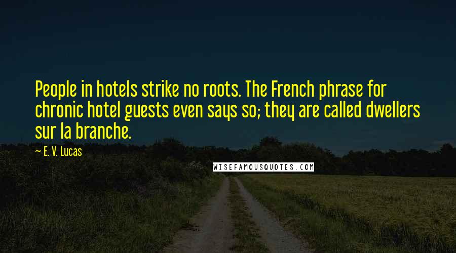 E. V. Lucas Quotes: People in hotels strike no roots. The French phrase for chronic hotel guests even says so; they are called dwellers sur la branche.