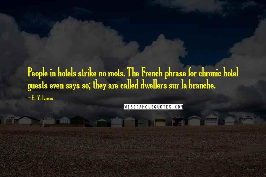 E. V. Lucas Quotes: People in hotels strike no roots. The French phrase for chronic hotel guests even says so; they are called dwellers sur la branche.