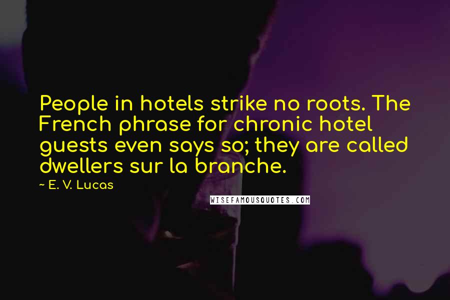 E. V. Lucas Quotes: People in hotels strike no roots. The French phrase for chronic hotel guests even says so; they are called dwellers sur la branche.