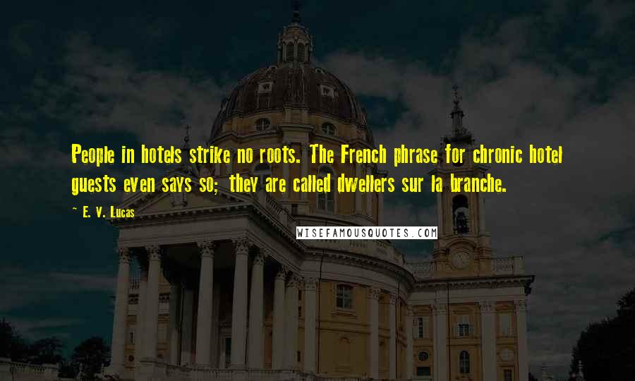 E. V. Lucas Quotes: People in hotels strike no roots. The French phrase for chronic hotel guests even says so; they are called dwellers sur la branche.