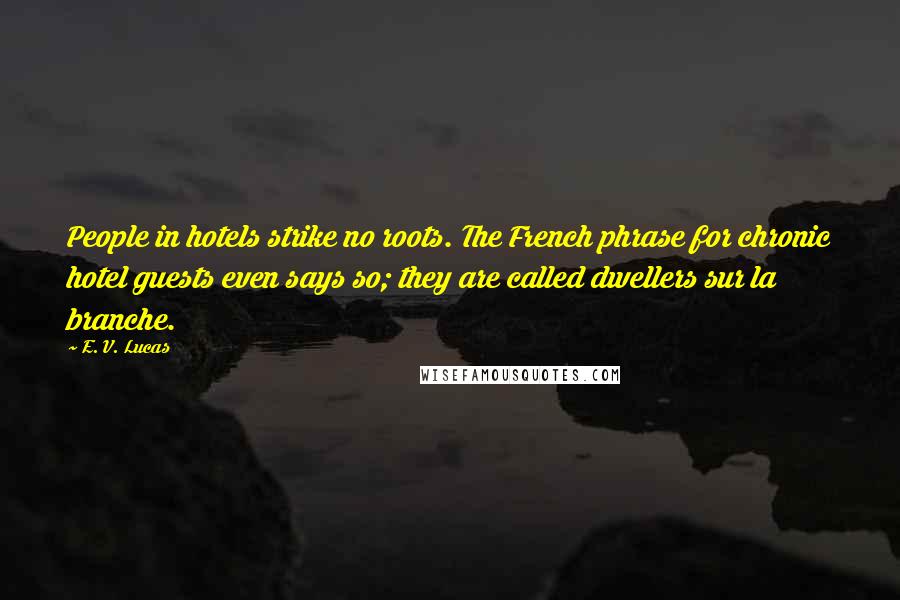 E. V. Lucas Quotes: People in hotels strike no roots. The French phrase for chronic hotel guests even says so; they are called dwellers sur la branche.