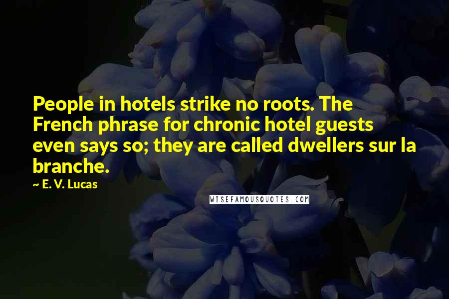 E. V. Lucas Quotes: People in hotels strike no roots. The French phrase for chronic hotel guests even says so; they are called dwellers sur la branche.