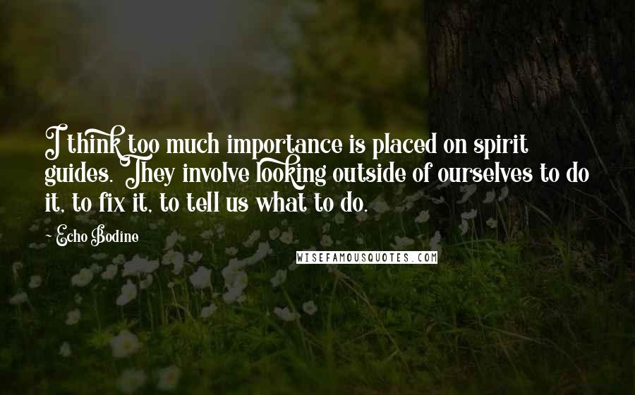 Echo Bodine Quotes: I think too much importance is placed on spirit guides. They involve looking outside of ourselves to do it, to fix it, to tell us what to do.