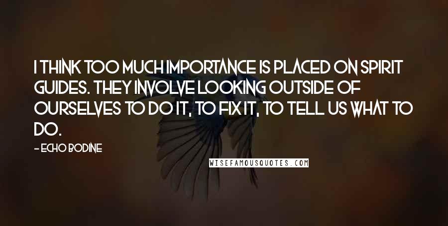 Echo Bodine Quotes: I think too much importance is placed on spirit guides. They involve looking outside of ourselves to do it, to fix it, to tell us what to do.