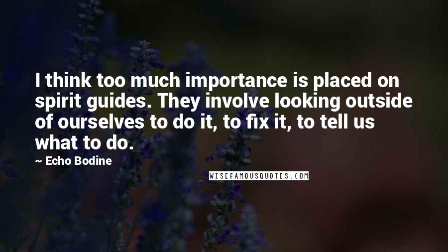 Echo Bodine Quotes: I think too much importance is placed on spirit guides. They involve looking outside of ourselves to do it, to fix it, to tell us what to do.