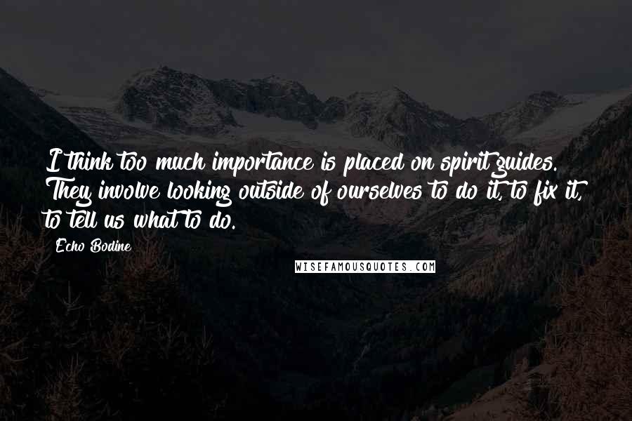 Echo Bodine Quotes: I think too much importance is placed on spirit guides. They involve looking outside of ourselves to do it, to fix it, to tell us what to do.