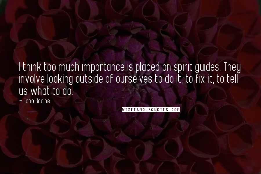 Echo Bodine Quotes: I think too much importance is placed on spirit guides. They involve looking outside of ourselves to do it, to fix it, to tell us what to do.
