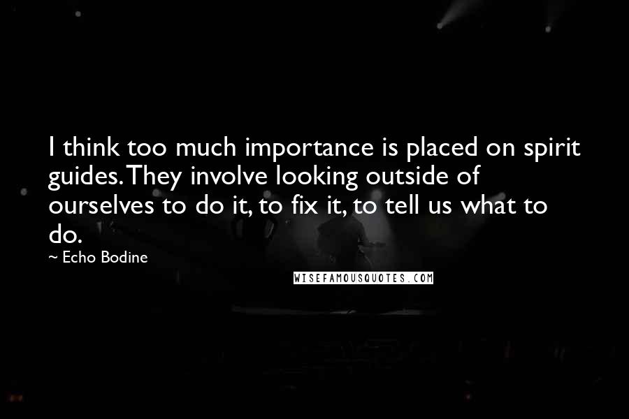 Echo Bodine Quotes: I think too much importance is placed on spirit guides. They involve looking outside of ourselves to do it, to fix it, to tell us what to do.