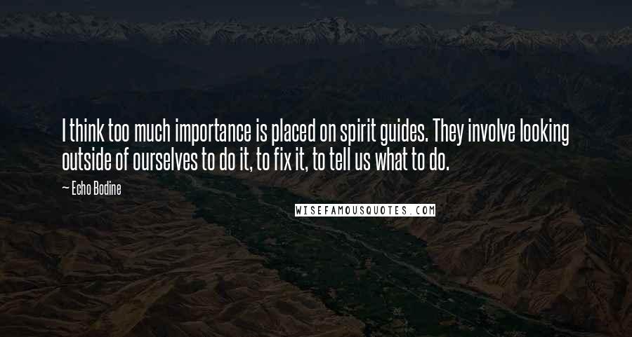 Echo Bodine Quotes: I think too much importance is placed on spirit guides. They involve looking outside of ourselves to do it, to fix it, to tell us what to do.