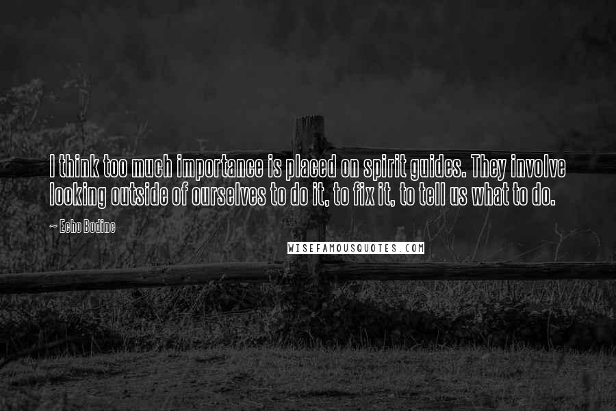 Echo Bodine Quotes: I think too much importance is placed on spirit guides. They involve looking outside of ourselves to do it, to fix it, to tell us what to do.