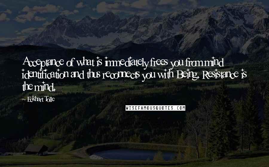 Eckhart Tolle Quotes: Acceptance of what is immediately frees you from mind identification and thus reconnects you with Being. Resistance is the mind.