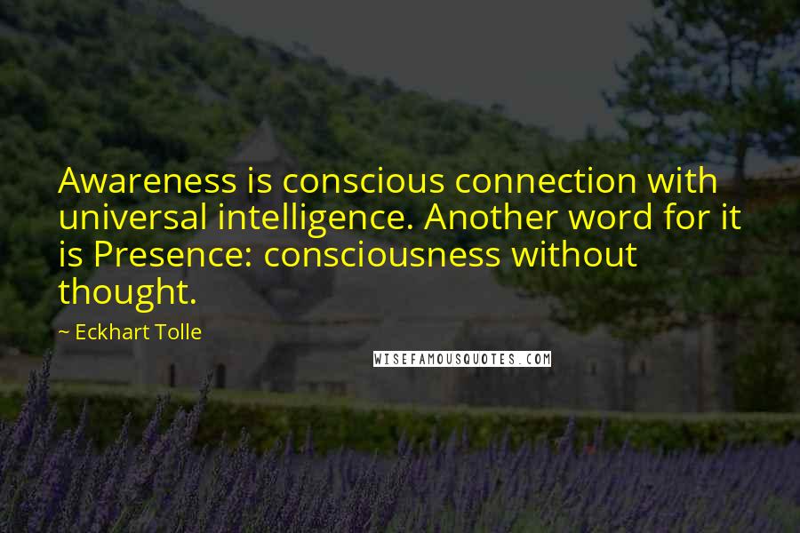 Eckhart Tolle Quotes: Awareness is conscious connection with universal intelligence. Another word for it is Presence: consciousness without thought.