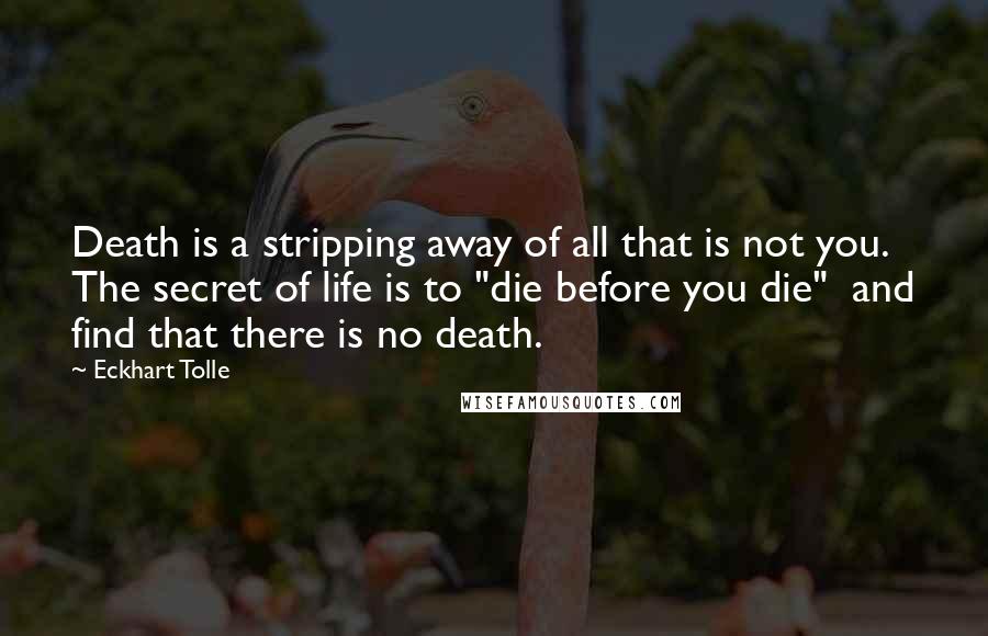 Eckhart Tolle Quotes: Death is a stripping away of all that is not you. The secret of life is to "die before you die"  and find that there is no death.