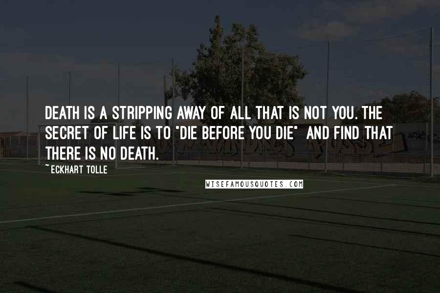 Eckhart Tolle Quotes: Death is a stripping away of all that is not you. The secret of life is to "die before you die"  and find that there is no death.