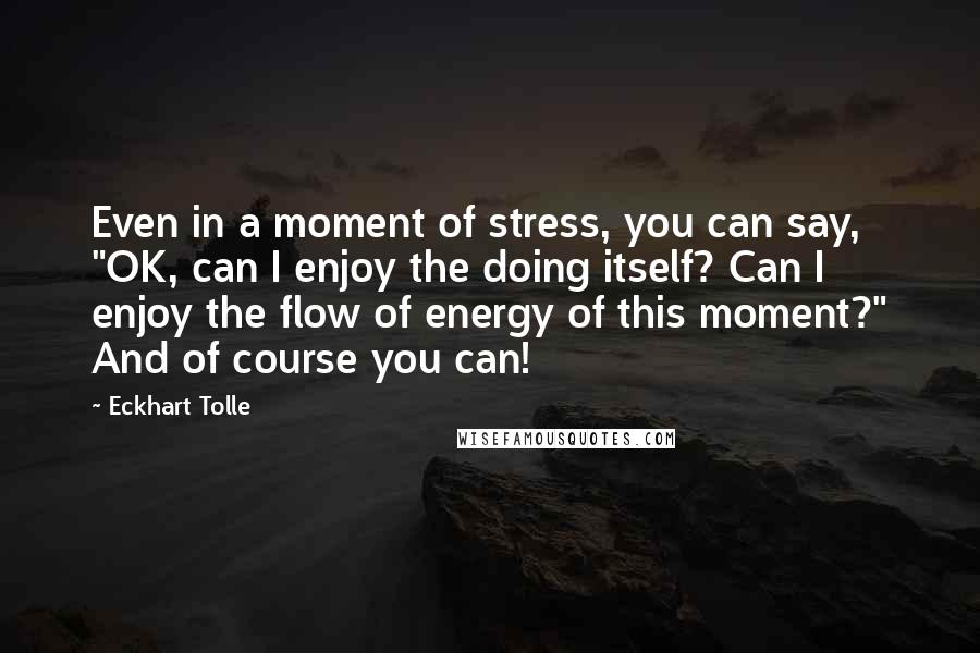 Eckhart Tolle Quotes: Even in a moment of stress, you can say, "OK, can I enjoy the doing itself? Can I enjoy the flow of energy of this moment?" And of course you can!