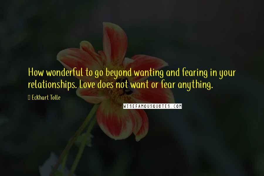 Eckhart Tolle Quotes: How wonderful to go beyond wanting and fearing in your relationships. Love does not want or fear anything.