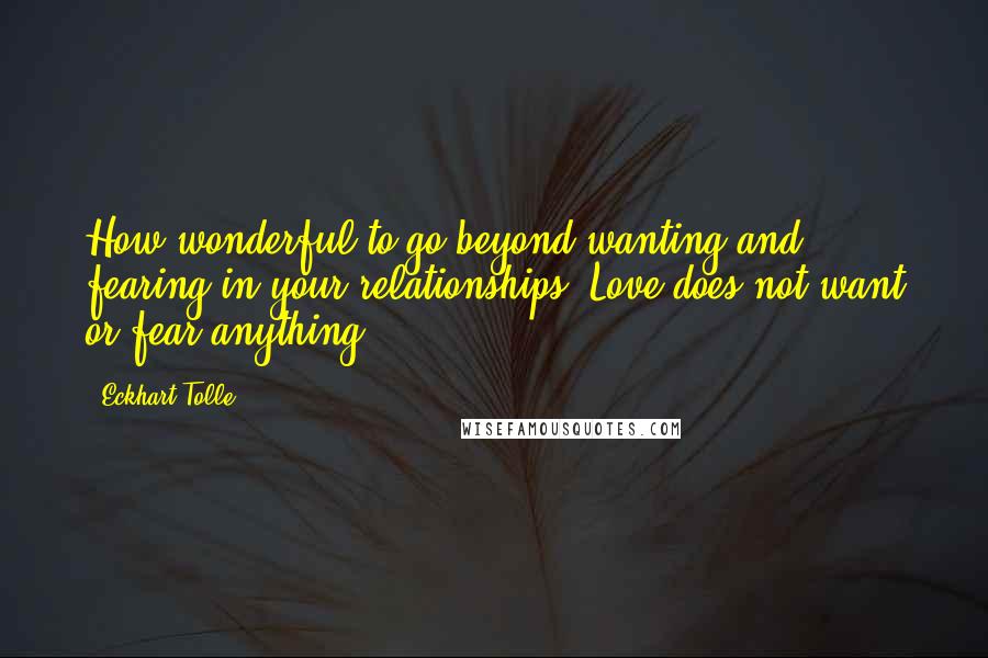 Eckhart Tolle Quotes: How wonderful to go beyond wanting and fearing in your relationships. Love does not want or fear anything.