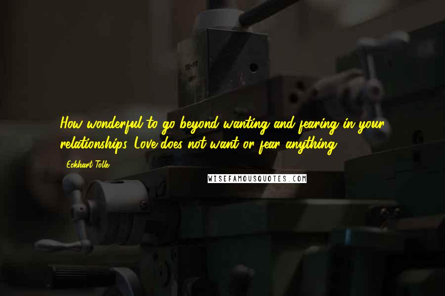 Eckhart Tolle Quotes: How wonderful to go beyond wanting and fearing in your relationships. Love does not want or fear anything.