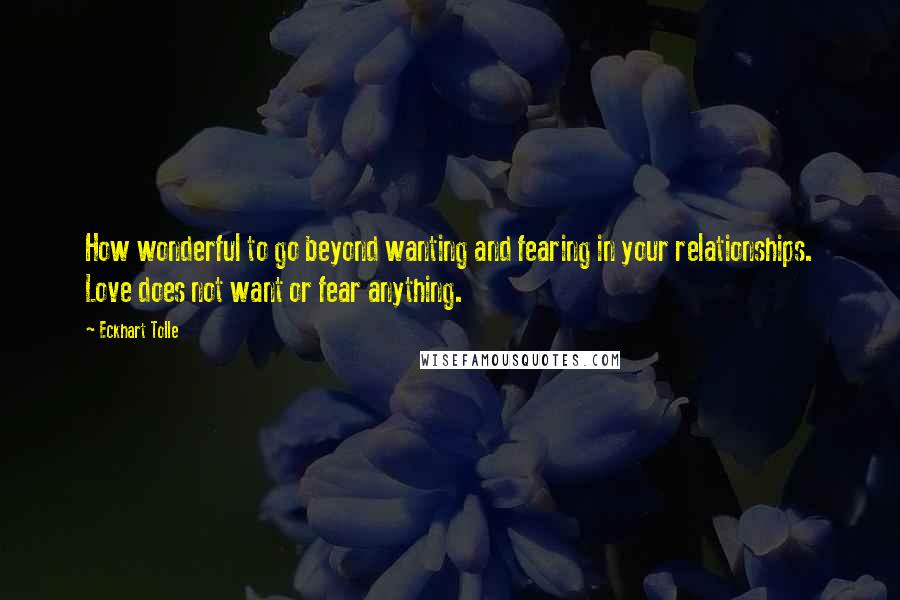 Eckhart Tolle Quotes: How wonderful to go beyond wanting and fearing in your relationships. Love does not want or fear anything.