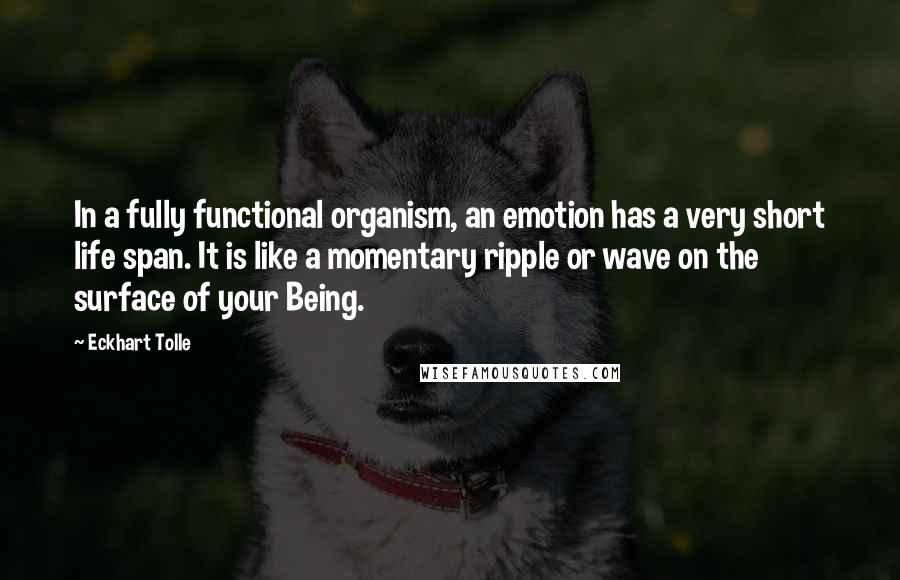 Eckhart Tolle Quotes: In a fully functional organism, an emotion has a very short life span. It is like a momentary ripple or wave on the surface of your Being.