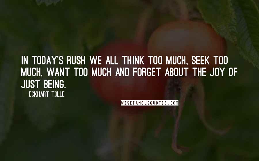 Eckhart Tolle Quotes: In today's rush we all think too much, seek too much, want too much and forget about the joy of just Being.