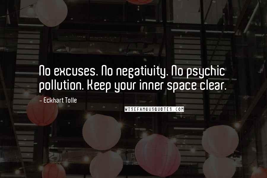 Eckhart Tolle Quotes: No excuses. No negativity. No psychic pollution. Keep your inner space clear.