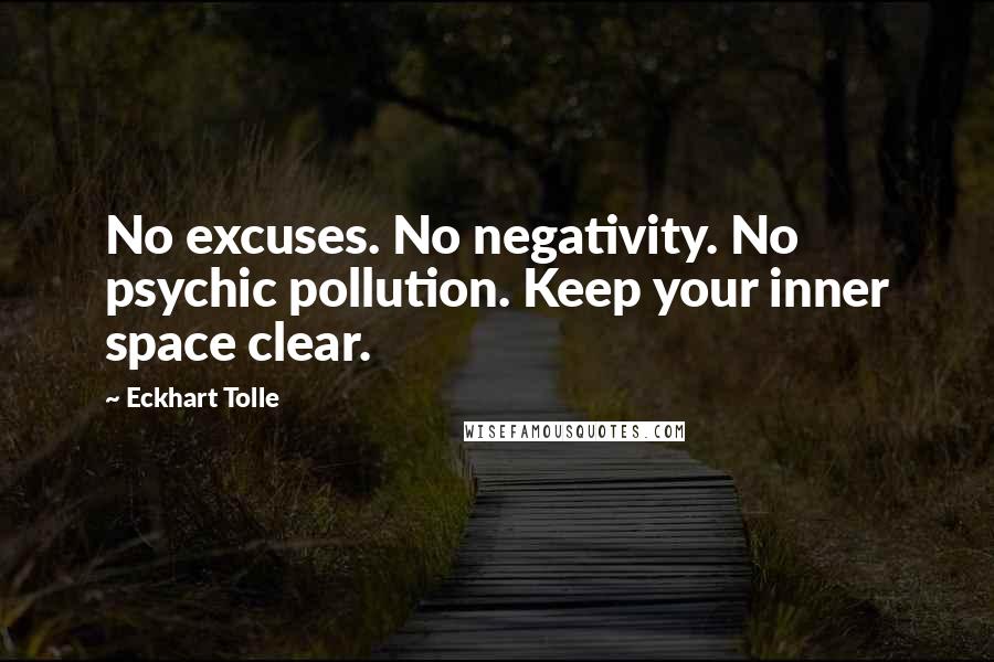 Eckhart Tolle Quotes: No excuses. No negativity. No psychic pollution. Keep your inner space clear.