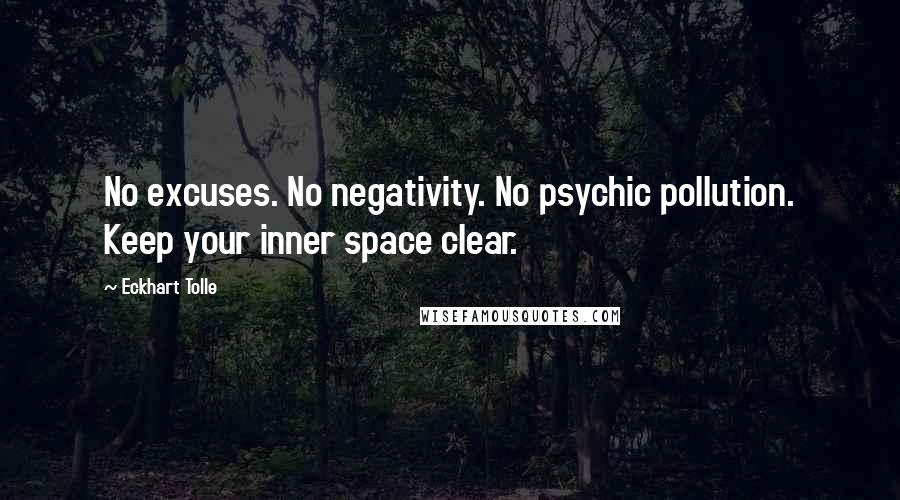 Eckhart Tolle Quotes: No excuses. No negativity. No psychic pollution. Keep your inner space clear.