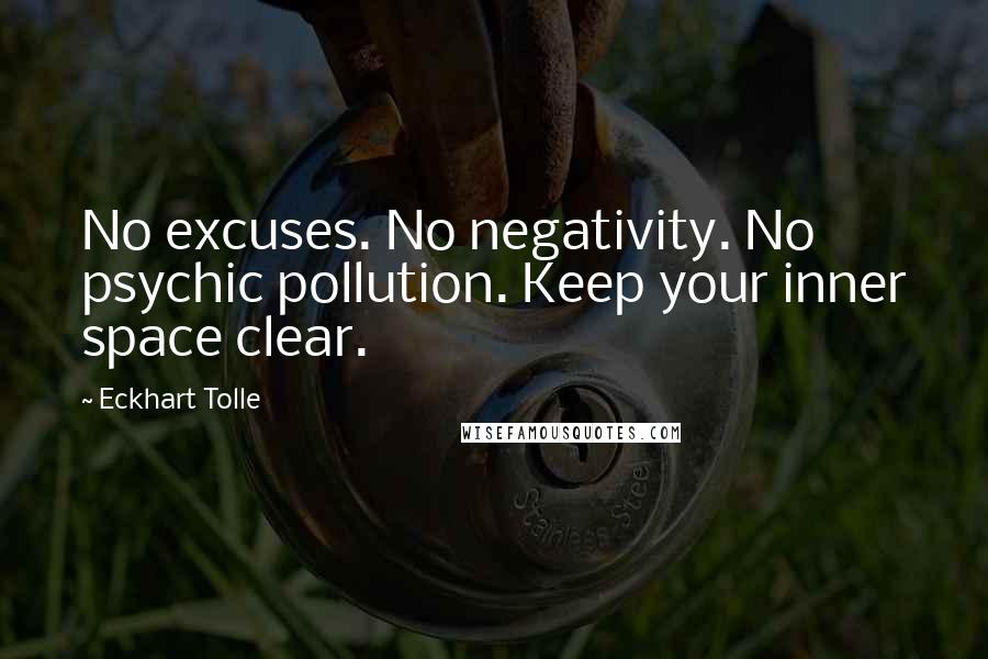 Eckhart Tolle Quotes: No excuses. No negativity. No psychic pollution. Keep your inner space clear.