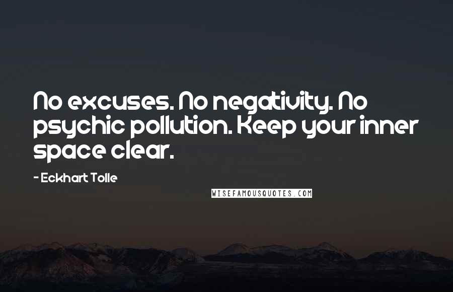 Eckhart Tolle Quotes: No excuses. No negativity. No psychic pollution. Keep your inner space clear.