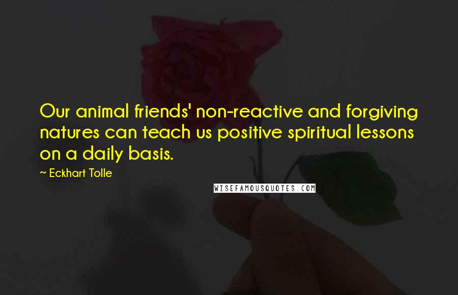 Eckhart Tolle Quotes: Our animal friends' non-reactive and forgiving natures can teach us positive spiritual lessons on a daily basis.