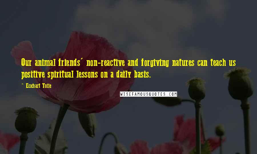 Eckhart Tolle Quotes: Our animal friends' non-reactive and forgiving natures can teach us positive spiritual lessons on a daily basis.