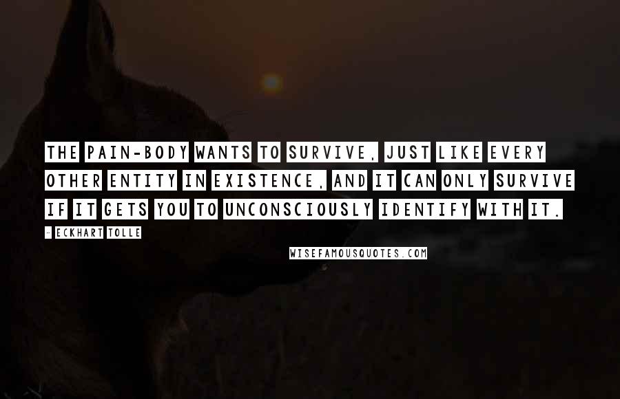Eckhart Tolle Quotes: The pain-body wants to survive, just like every other entity in existence, and it can only survive if it gets you to unconsciously identify with it.