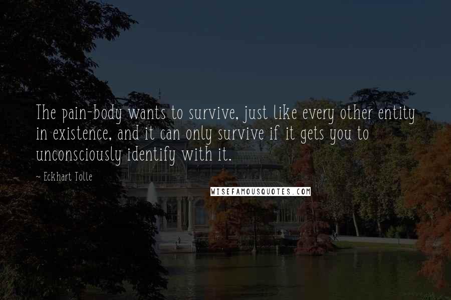 Eckhart Tolle Quotes: The pain-body wants to survive, just like every other entity in existence, and it can only survive if it gets you to unconsciously identify with it.