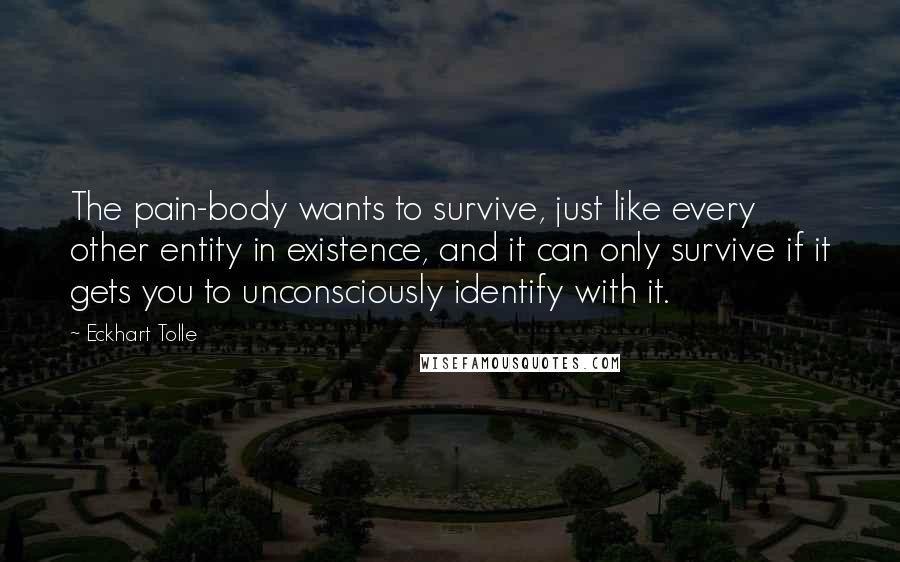 Eckhart Tolle Quotes: The pain-body wants to survive, just like every other entity in existence, and it can only survive if it gets you to unconsciously identify with it.